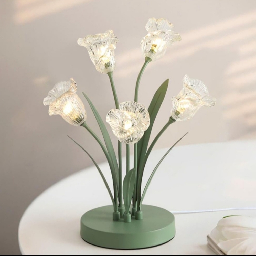 Floral Glass Table Lamp with Green Base Esoteric Crystal Lamp, Decorative Clear